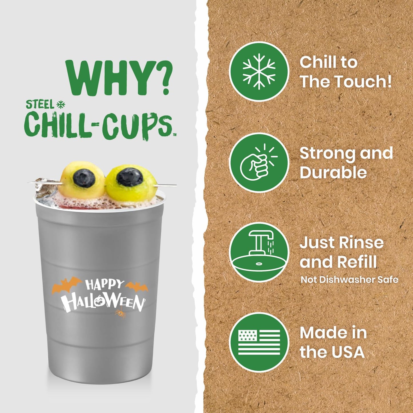 Steel Chill Cups 16 oz. Party Cups 'Happy Halloween' Ghost Design for Cold Drinks, Durable, Disposable, Recyclable, Made in USA, Gray, 12 Count