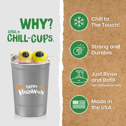 Steel Chill Cups 16 oz. Party Cups 'Happy Halloween' Ghost Design for Cold Drinks, Durable, Disposable, Recyclable, Made in USA, Gray, 12 Count