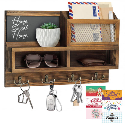 HOMEBROS Key Holder Wall Mount, Wooden Mail and Key Organizer with Chalkboard and Mirror, 3 Greeting Cards, 8 Hooks, Brown