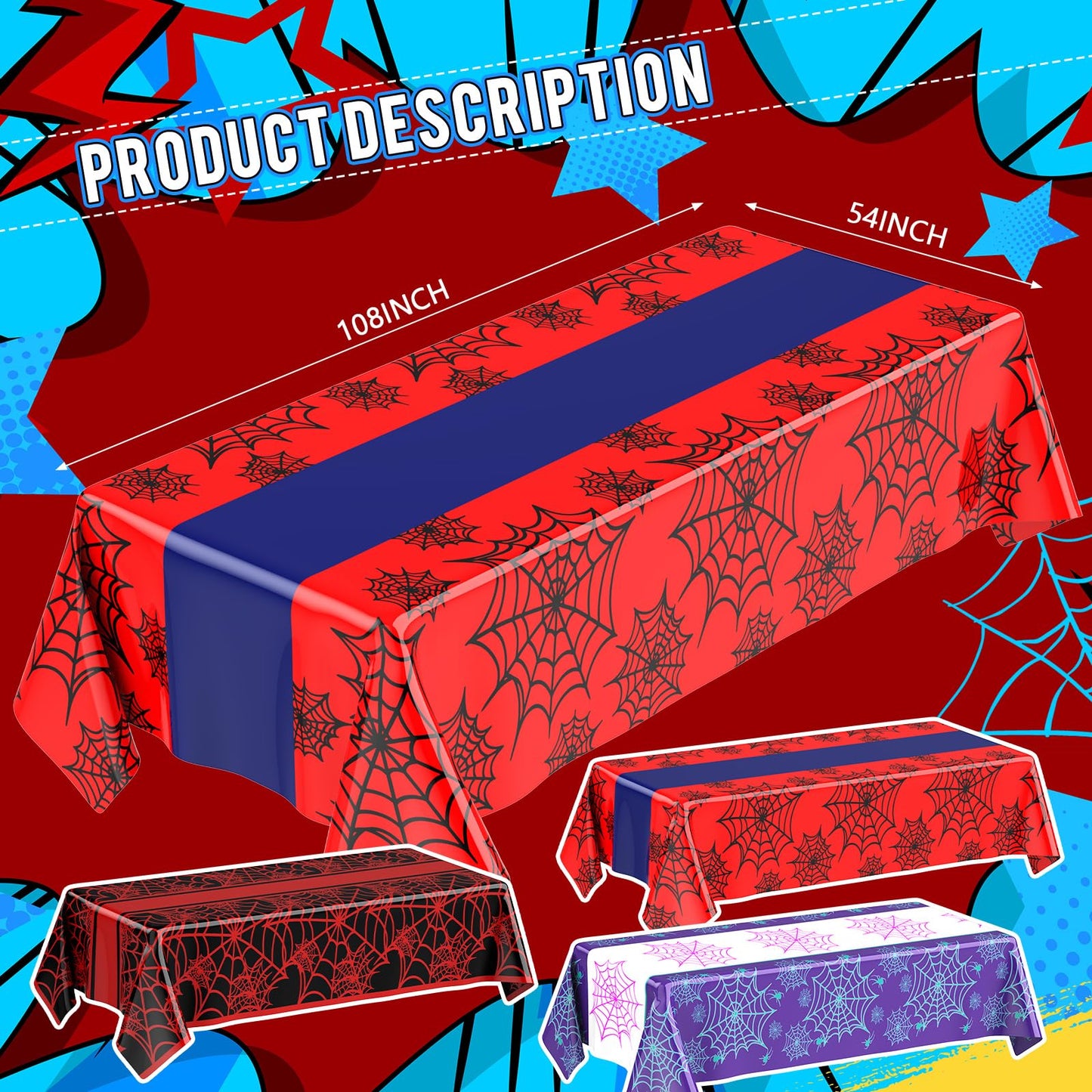 Oudain 3 Pack Spider Theme Birthday Decorations Halloween Purple Black Red Green Pink Web Bat Tablecloth Cartoon Table Cover Party Favor for Birthday(Web,Purple, Black, Red)