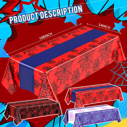 Oudain 3 Pack Spider Theme Birthday Decorations Halloween Purple Black Red Green Pink Web Bat Tablecloth Cartoon Table Cover Party Favor for Birthday(Web,Purple, Black, Red)