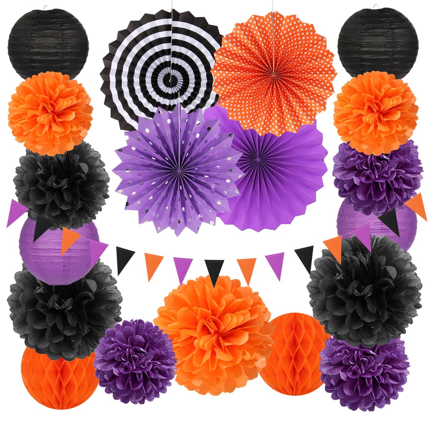 Black Orange Purple Halloween Party-Decorations - 20pcs Paper Lanterns Fans,Tissue Pom Poms,Honeycomb Balls, Birthday Baby Bridal Shower Graduation Wedding Hotel Transylvania Decor Burgleda