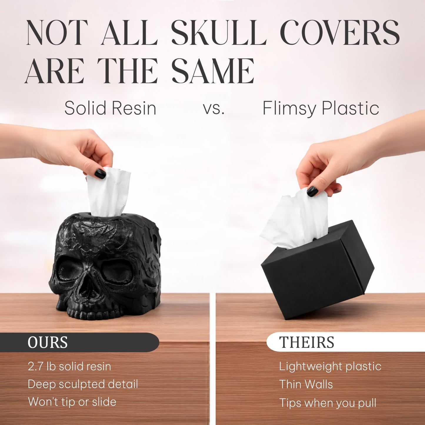 Death Decor Gothic Skull Tissue Box Cover – Heavyweight Square Tissue Holder – Won’t Move When Pulling a Tissue – Black Home & Bathroom Décor – Home Gift for Women & Men, Goth, Horror