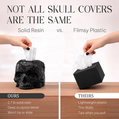 Death Decor Gothic Skull Tissue Box Cover – Heavyweight Square Tissue Holder – Won’t Move When Pulling a Tissue – Black Home & Bathroom Décor – Home Gift for Women & Men, Goth, Horror