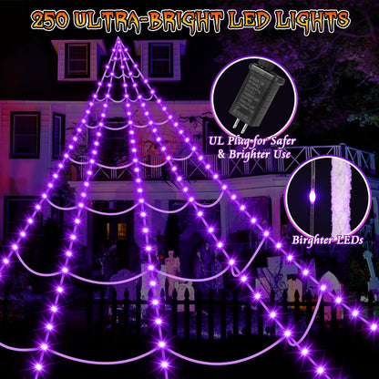 Halloween Spider Web Lights 250 LED: 19.68Ft Outdoor Web Halloween Decorations with Purple Lights - Halloweens Decor Light with 8 Modes Waterproof & Timer for Outdoor Indoor Yard Haunted House