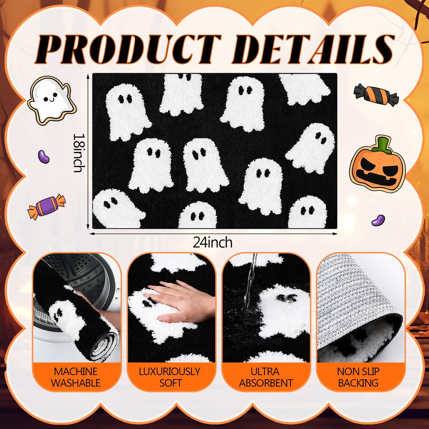 Hillsuren Black Ghost Bath Mat Soft Halloween Bathroom Rug Non Slip Cute Spooky Ghost Bathroom Decoration Shaggy Plush Microfiber Rug Halloween Decor for Home Bedroom Shower Floor, 15.75 x 23.62 Inch