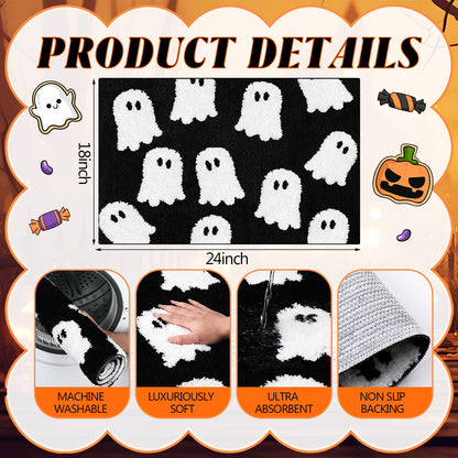 Hillsuren Black Ghost Bath Mat Soft Halloween Bathroom Rug Non Slip Cute Spooky Ghost Bathroom Decoration Shaggy Plush Microfiber Rug Halloween Decor for Home Bedroom Shower Floor, 15.75 x 23.62 Inch