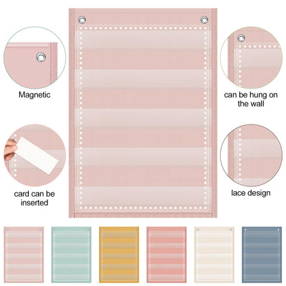 Gueevin 6 Set Magnetic Pocket Chart with 5 Clear Pockets and 30 Dry Erase Cards Painted Classroom Schedule Pocket Chart for Whiteboard Class Demonstrations(Macaron Color,Stripes Pattern)
