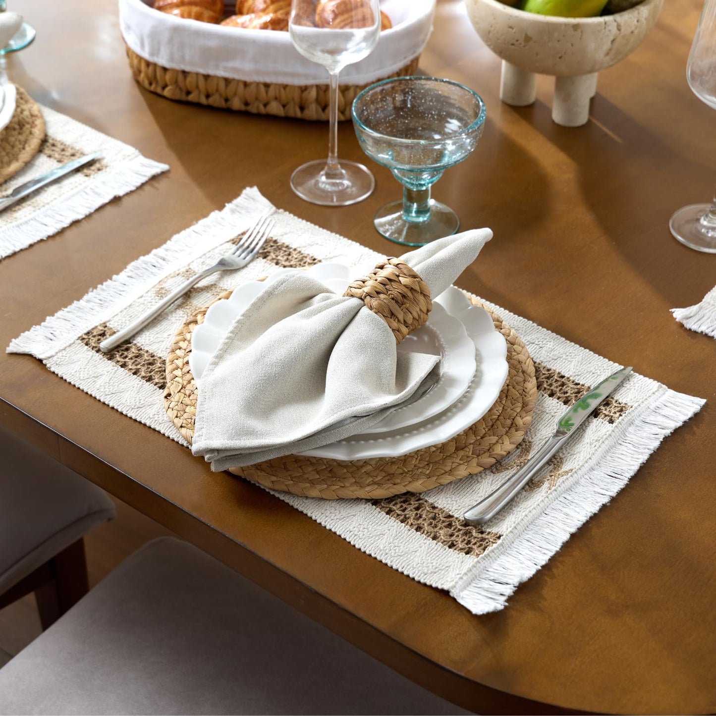 YANGQIHOME Boho Placemats Set of 4, Farmhouse Rustic Woven Placemats for Dining Table Decor, Handmade Braided Place Mats in Natural Cotton Jute and Water Straw for Kitchen Table