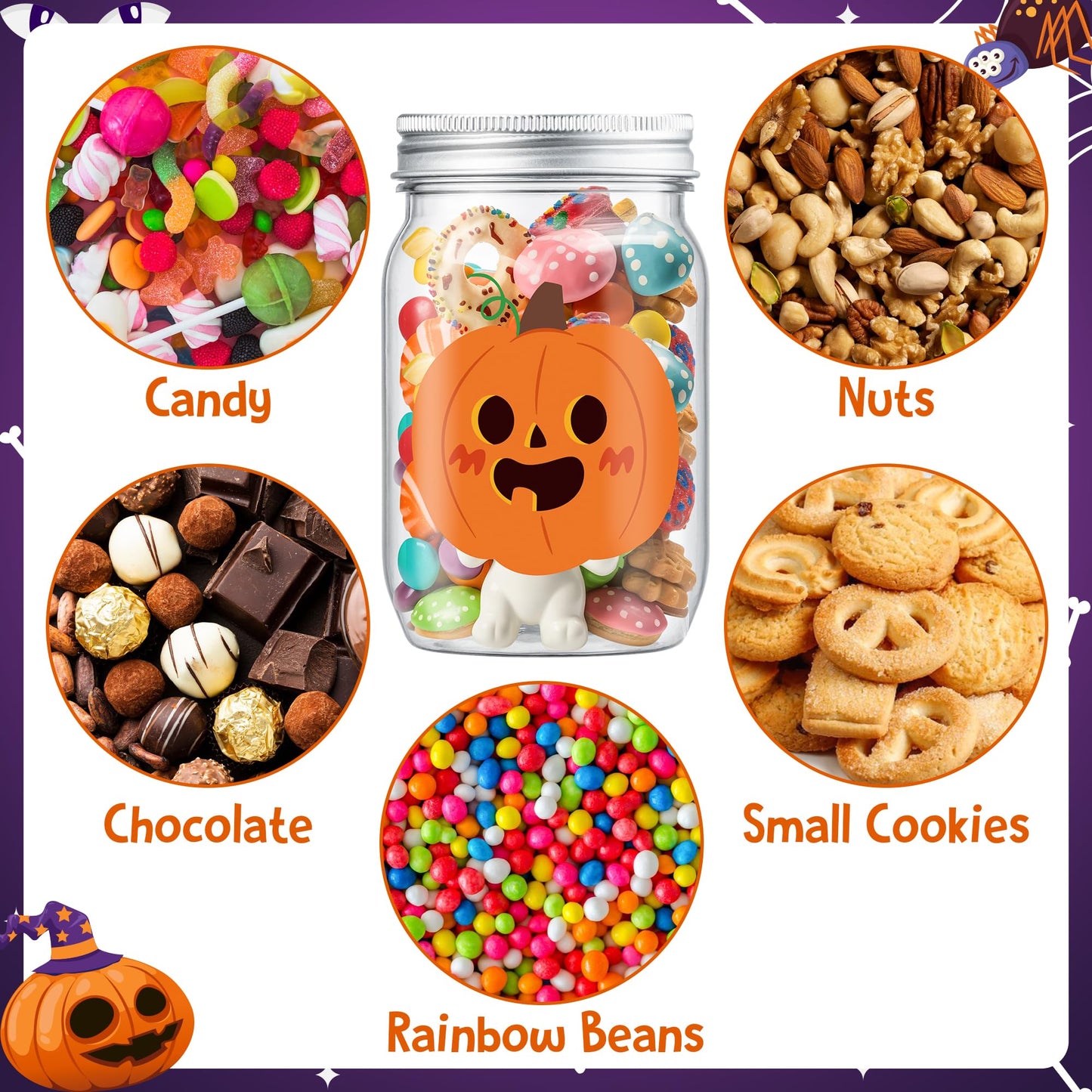 JAPBOR Halloween Candy Jars Containers - 14PCS Halloween Small Plastic Cookie Candy Jar with Lid Pumpkin Ghost Sticker Decoration, DIY Sugar Storage Dish Craft, Party Favor Gift Bottle Decor