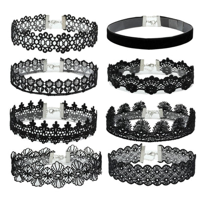 Eigso 8Pcs Gothic Tattoo Lace Choker Necklaces Set for Women Adjustable Black Collar Choker