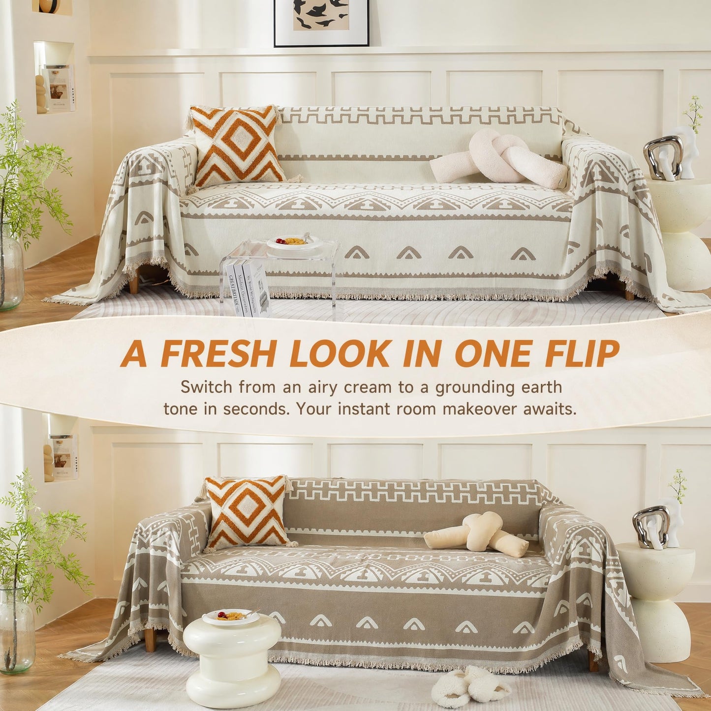 UWWGKK Boho Couch Cover for Dogs, Reversible Chenille Sofa Blanket with Tassels, Heavy Duty Geometric Slipcover for Loveseat, Recliner & L-Shaped Sectional, Beige/Brown, 71"x165"