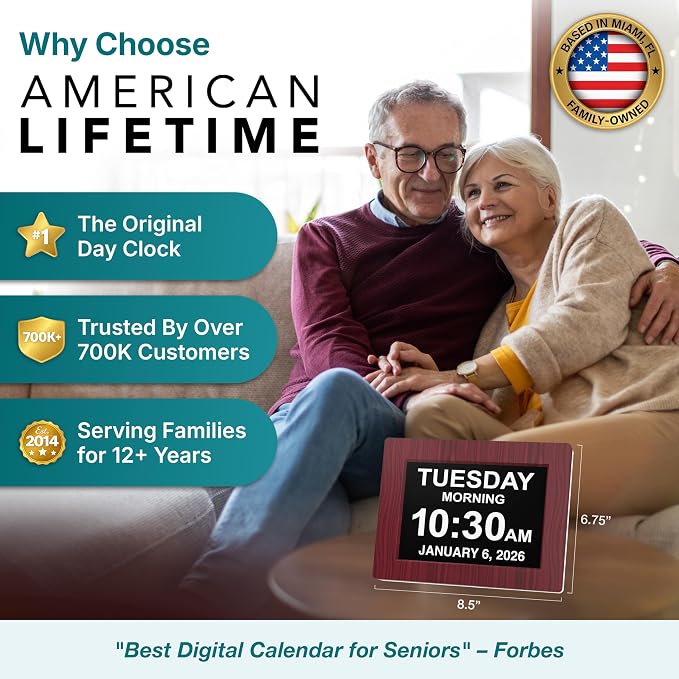 American Lifetime 【New 2023】 Dementia Clock Large Digital Clock for Seniors, Digital Clock Large Display with Custom Alarms, Clock with Day & Date for Elderly, Large Number Digital Clock Mahogany
