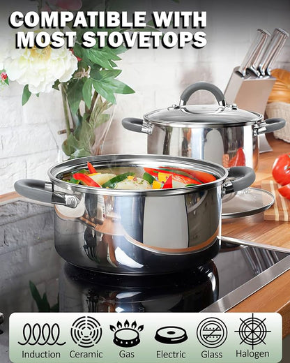 Cook N Home Basics 8 Quart Stainless Steel Stock Pot with Lid, Cooking Pot for Pasta, Soup, Stay-Cool Silicone Handle, Stockpot with Even Heating, Oven Safe, Cookware for Canning, Boiling, Simmer