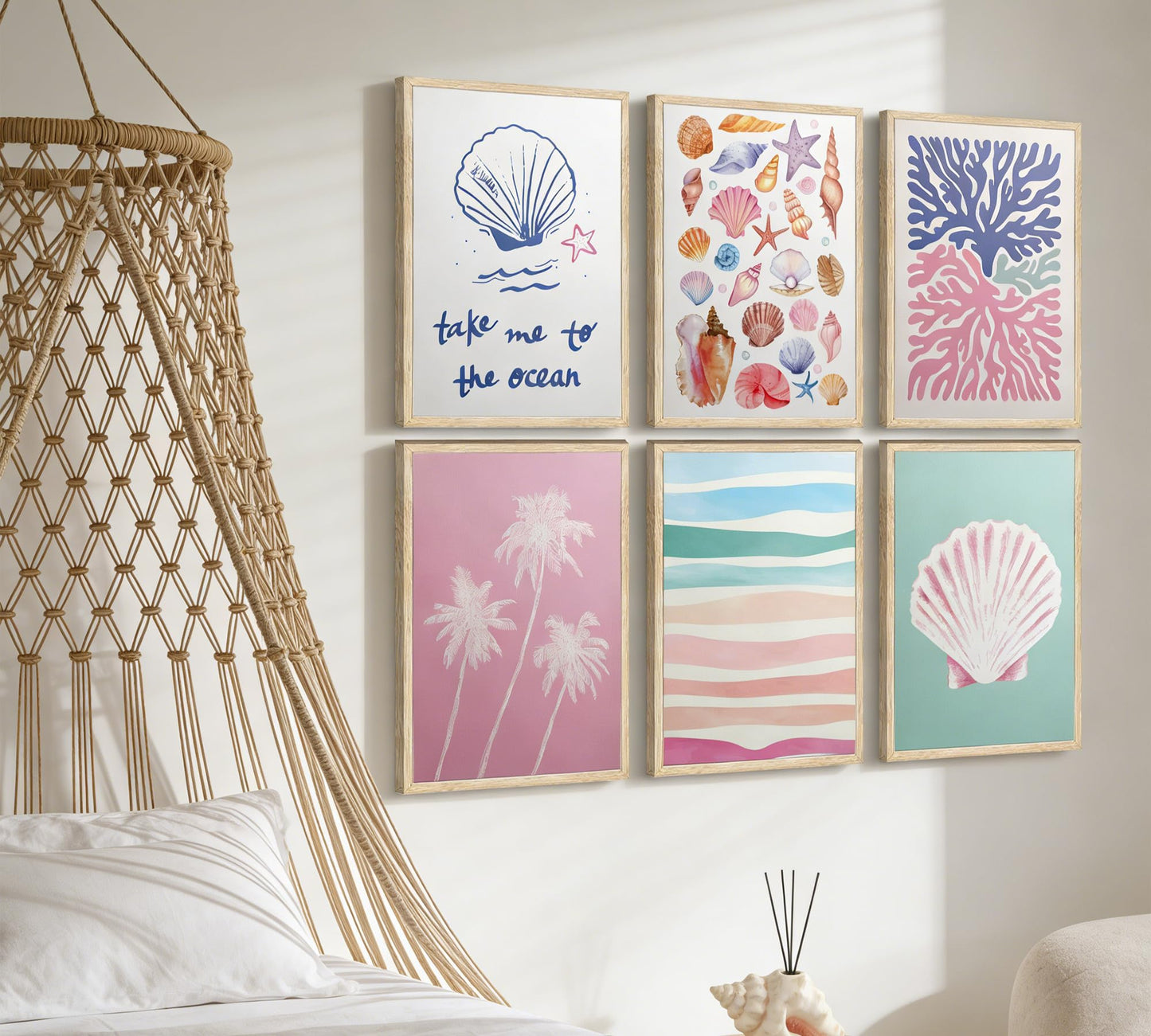 Pink and Blue Coastal Wall Art, 6 Pcs Preppy Beach Wall Decor, Unframed Canvas Posters for Bathroom Bedroom, Seashell Coral Palm Tree Ocean Prints, Neutral Boho Beach House Decor 12x16in Unframed