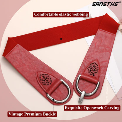 SANSTHS Vintage Women Stretchy Wide Belt Chunky Buckle Elastic Wide Waist Belts for Dresses Coats, Red S