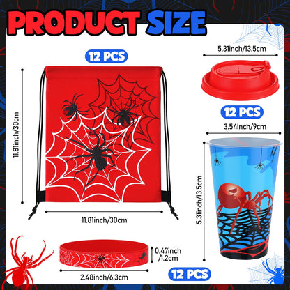 Potchen 48 Pcs Spider Party Favors Birthday Party Supplies Includes Drawstring Bag Backpack Plastic Goodie Cups with Lids Bracelets for Summer Fillers Stuffers Birthday Favors Rewards Gifts