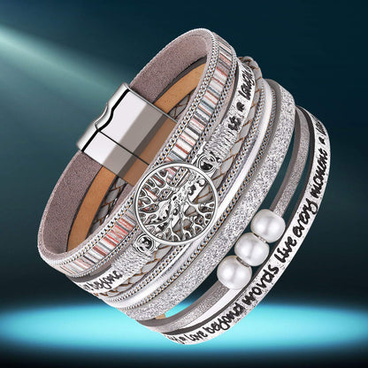 Desimtion Silver Boho Wrap Leather Bracelets for Women Buckle Multilayer Layered Jewelry Gifts Bracelet for Mom Teen Grandma