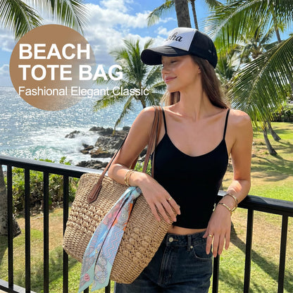Aodse Beach Bags for Women, Summer Straw Beach Bag with Zipper Pocket, Durable Straw Tote Bag Shoulder Handbags for Beach, Travel, Vacation, Shopping （Khaki）