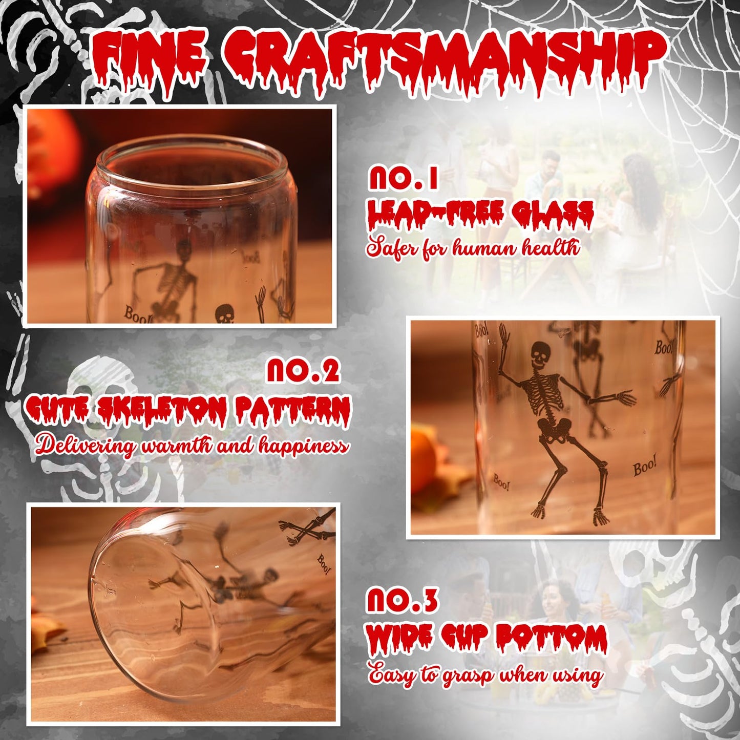 Zhehao Set of 2 16 oz Summer Halloween Skeleton Glass Cups with Lids Straws and Cleaning Brush, Skeleton Iced Coffee Cup Drinking Glasses Tumbler for Halloween Gifts Boo Basket Stuffers