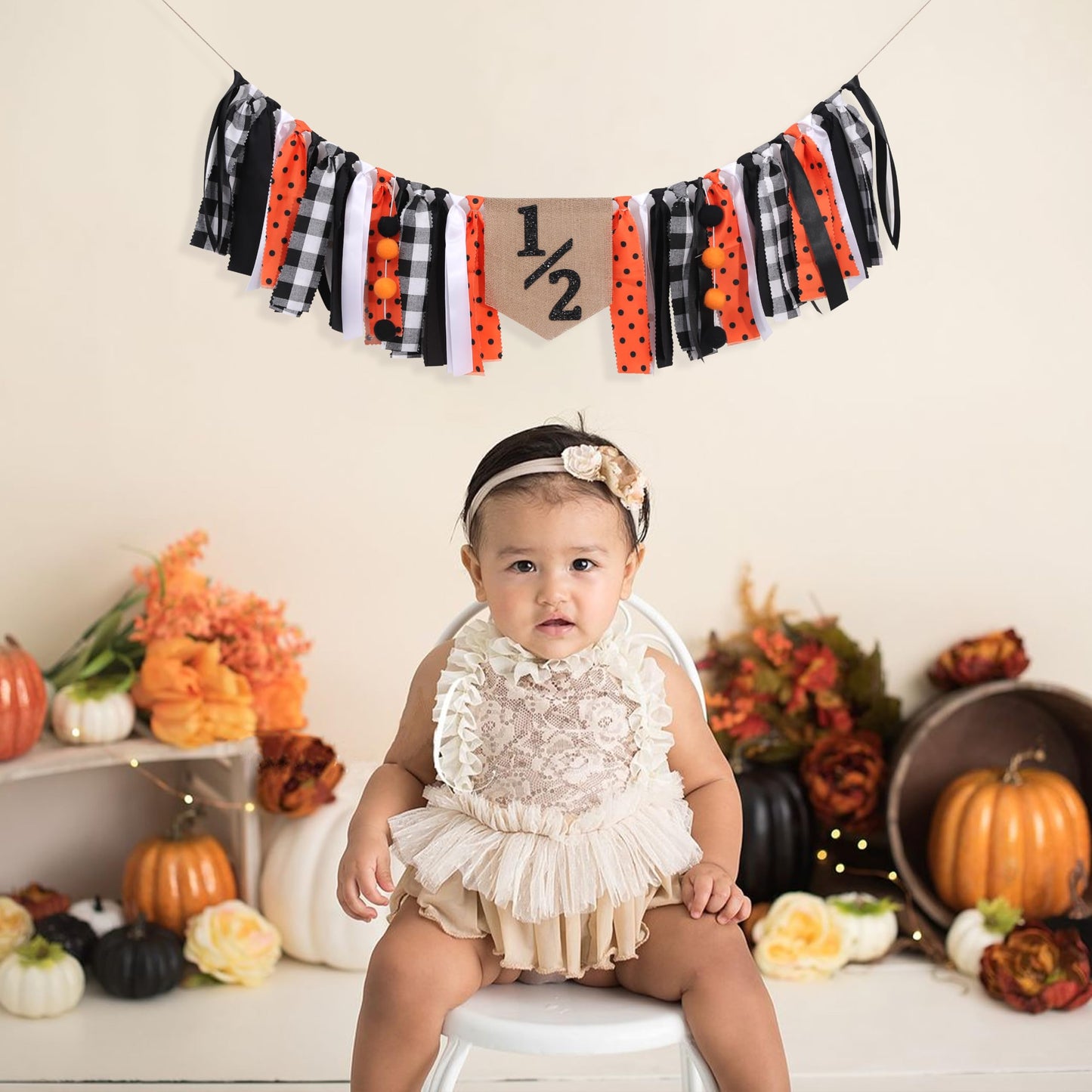 Halloween Half Birthday Highchair Banner - Black Orange Girls Half Birthday Banner, Spooky 1/2 Cake Smash Photo Backdrop, Fall Thanksgiving Day 6 Months Party Supplies