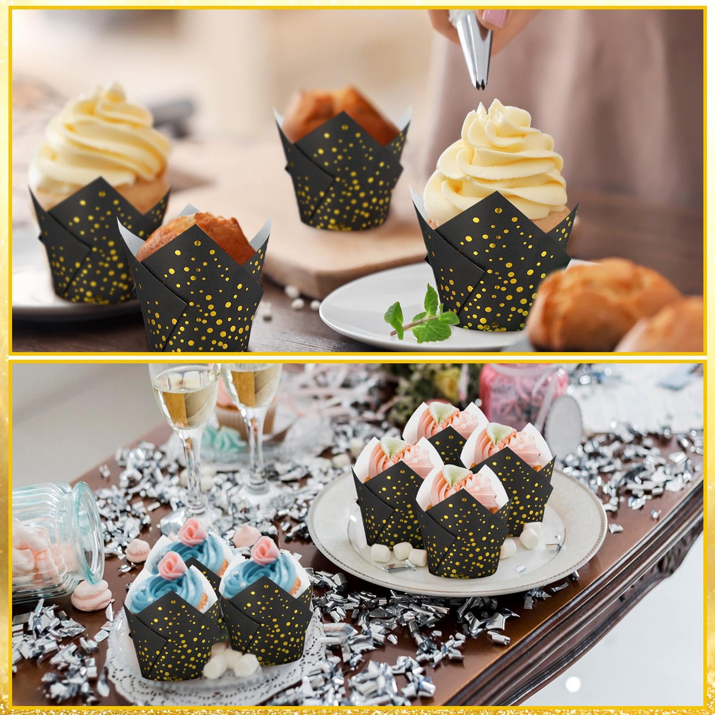 Gerrii 200 Pcs Black Gold Dot Tulip Cupcake Liners Graduation Mini Paper Baking Cups Cupcake Wrappers Muffin Liners for Wedding Tea Party Bridal Baby Shower Decoration