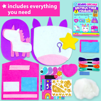 KRAFUN My First Unicorn Kids Sewing kit, Beginner Arts & Crafts, Make 8 Cute Projects with Plush Stuffed Animal, Pillow, Mobile, Keyring and Bag, Instructions & Felt for Learn Sewing, Embroidery