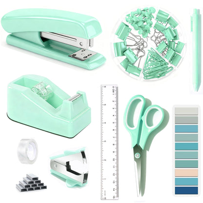 Dimonluce Green Office Supplies, Teal Desk Accessories Accessories with Tape Dispenser, Stapler, Staple Remover, 1000 Staples, Tape, Clips Set, Ruler, Scissor, Pen