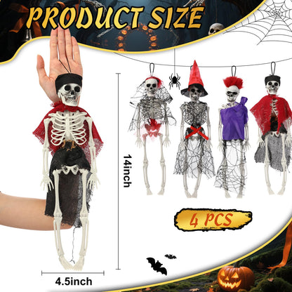 Poen 4 Pack 16" Halloween Hanging Skeleton Decorations Small Full Body Posable Skeletons with Movable Joints Plastic Mini Spooky Decor for Halloween Party Haunted House Lawn Graveyard Props(Pirate)