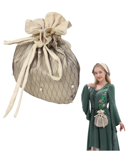 Medieval Velvet Pouch with Beads Drawstring Belt Purse Renaissance Waist Coin Bag for Ren Faire (Ivory)