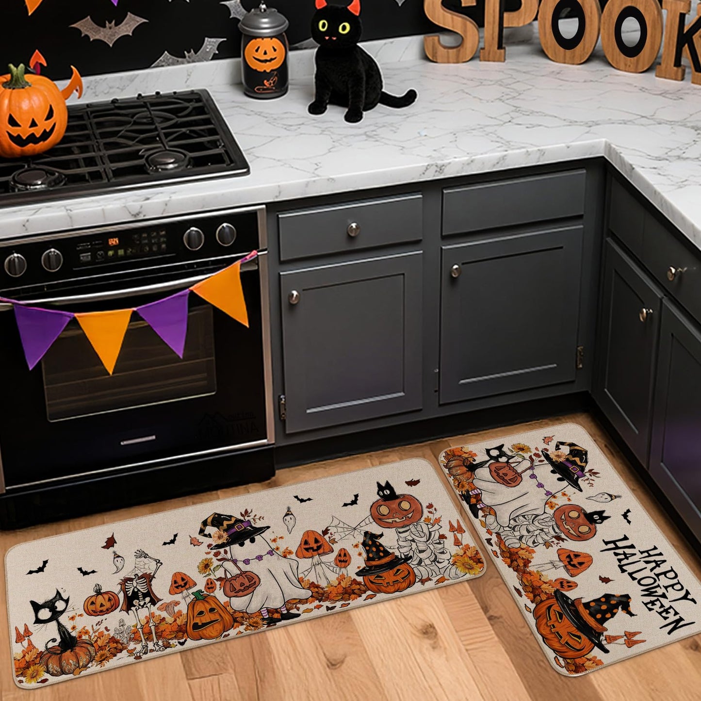 Moutina Happy Halloween Ghost Mushroom Pumpkin Skeleton Decorative Kitchen Rugs Set of 2, Halloween Holiday Party Home Decor Low-Profile Kitchen Mats for Floor - 17x29 and 17x47 Inch