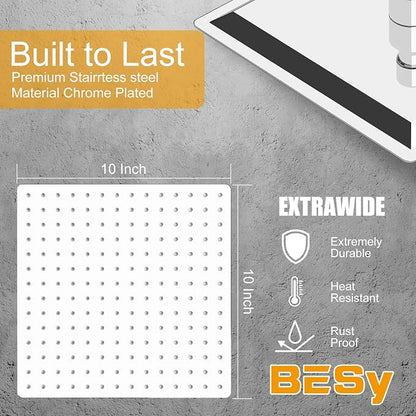 BESy 10 Inch Rain Shower Head, 10" Square Rainfall & High Pressure Stainless Steel Bath Shower Head, 1/16" Ultra Thin, Waterfall Full Body Coverage with Silicone Nozzle, Polished Chrome
