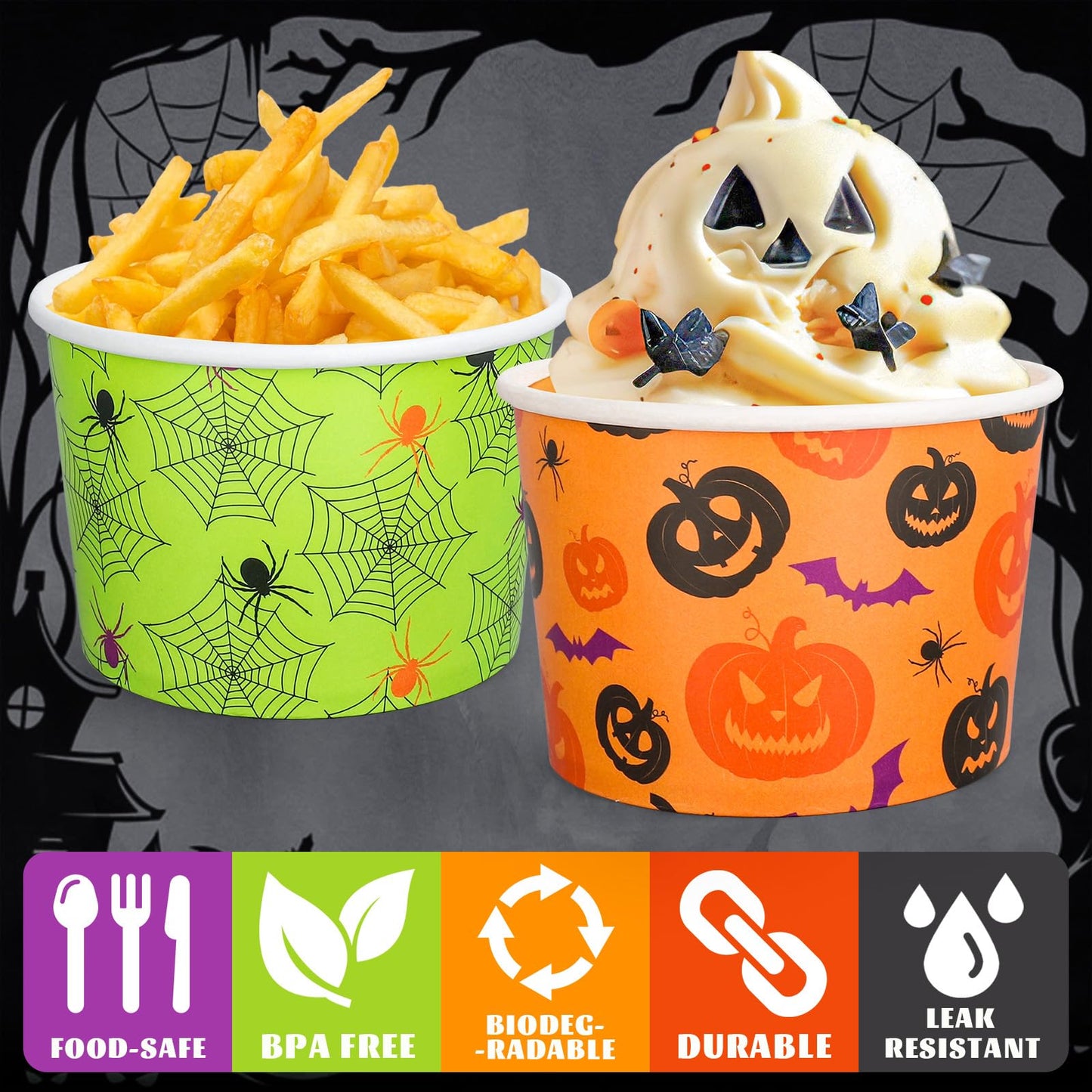 JarThenaAMCS 100 Pcs Halloween Snack Cups Pumpkin Skull Spider Web Dots Disposable Bowls 9oz Ice Cream Dessert Treat Paper Bowls for Hot Iced Food Birthday Trick or Treat Party Supplies
