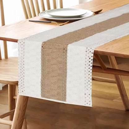 FEXIA Boho Table Runner for Home Coffee Decor 36 Inches Long Farmhouse Rustic Table Runner Macrame Burlap Centerpieces for Tables Decoration for Kitchen Bedroom Decor Bridal Shower (12x36 Inches)