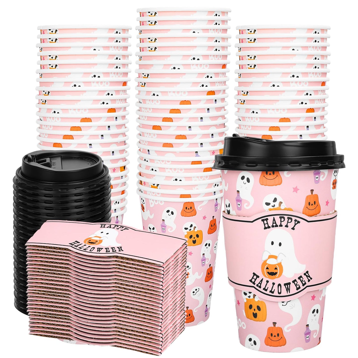 Whaline 50Pcs 16Oz Halloween Disposable Coffee Cups with Lids and Sleeves Pink Ghost Boo Pumpkin Paper Drinking Cup for Trick or Treat Birthday Party Supplies