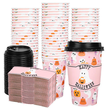 Whaline 50Pcs 16Oz Halloween Disposable Coffee Cups with Lids and Sleeves Pink Ghost Boo Pumpkin Paper Drinking Cup for Trick or Treat Birthday Party Supplies