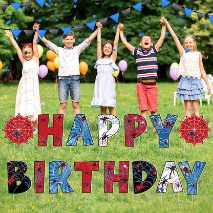 GlikCeil 15 Pcs Spider Happy Birthday Yard Signs with Metal Stakes Happy Birthday Letter Lawn Signs Spider Theme Party Favors Decorations for Outdoor Yard Lawn