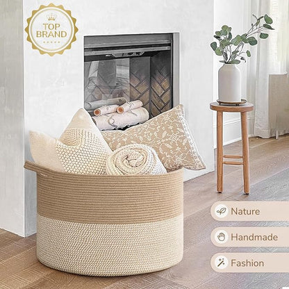 INDRESSME 115L Extra Large Woven Baskets for Storage, Wicker Basket for Living Room Decor Laundry Baskets for Blankets Clothes Pillows Towel Shoe Basket for Entryway, White & Jute