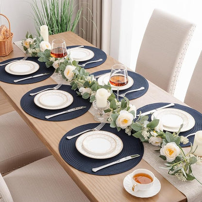 SHACOS Round Placemats Set of 4 Washable 15 inch Round Table Mats Cotton Polyester Woven Braided Place Mats for Dining Table, Navy
