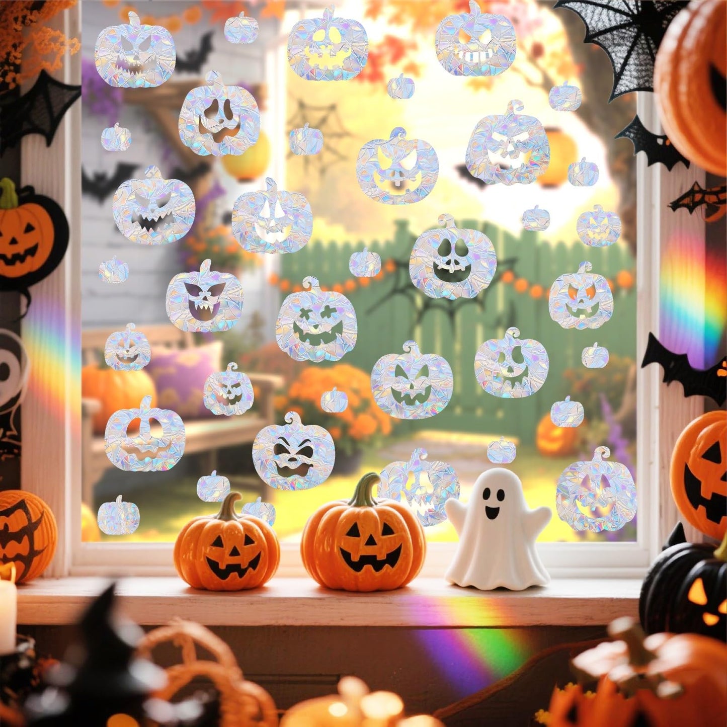 Pumpkin Window Cling Halloween Window Clings Static Clings for Glasss Windows Sun Catcher Rainbow Stickers Ainti Collision Windows Decals for Bird Strike Halloween Decorations