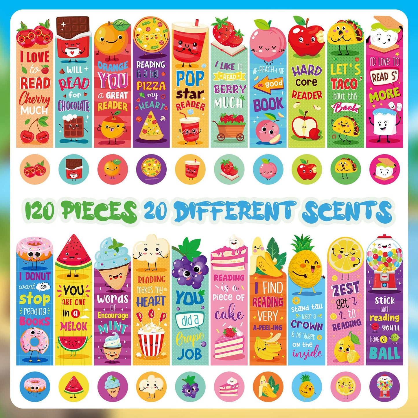 Lincia 120 Pcs Scratch and Sniff Scented Bookmarks Bulk Assorted Fruit Food Theme Smelly Bookmarks Gift for Fruit Lover 20 Styles