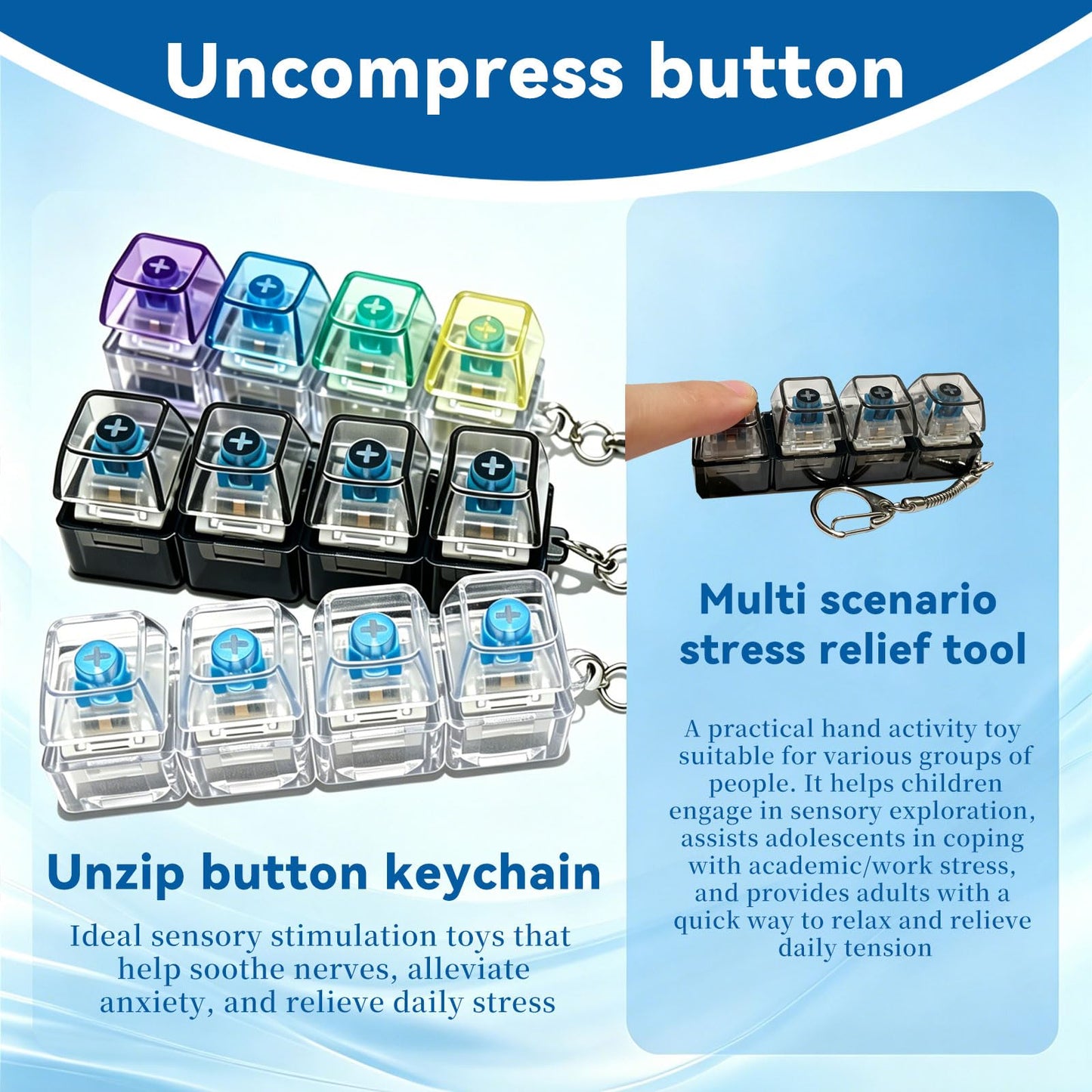 3 PCS Keyboard Fidget Toy, Keyboard Fidget Keychain 4-in-1 Keyboard Decompression Button Finger Clicker Toys, Boost Focus & Calm Anxiety at Work, Travel – Ideal Stress-Relief Gift（No Lights）