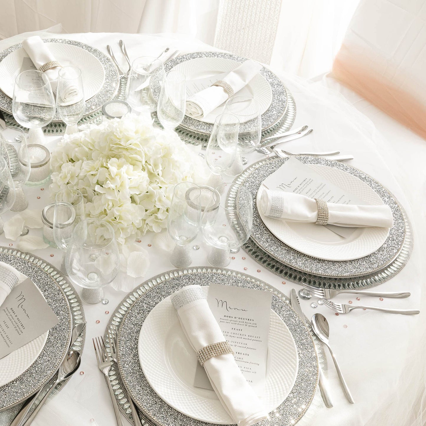 Flower Placemat, Stunning Glass Rhinestones, Protective Felt Back, for Formal Dining Tables Setting, Events, Wedding, Silver, 15", Sold Individually