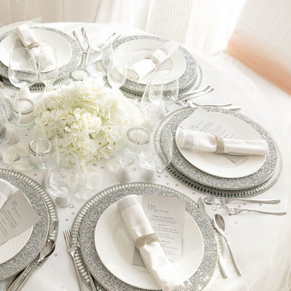 Flower Placemat, Stunning Glass Rhinestones, Protective Felt Back, for Formal Dining Tables Setting, Events, Wedding, Silver, 15", Sold Individually