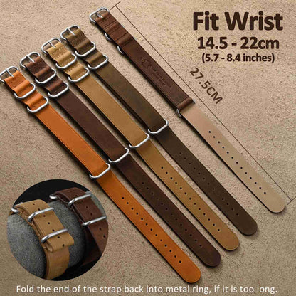 WOCCI 20mm One-piece Watch Band for Men, Top Grain Leather, Brushed Hardware (Retro Brown)