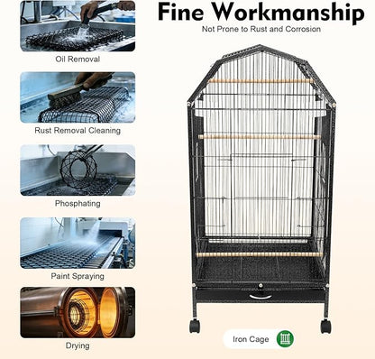 Large Bird Cage, Movable Pet Bird Flight Cages with 5 Doors Wheels, Panorama Bird Aviary Indoor with Stand 17.9x17.9x39.9in, Fit for a Canary, Finch, Cockatiels, Conures, Parrot, Lovebirds
