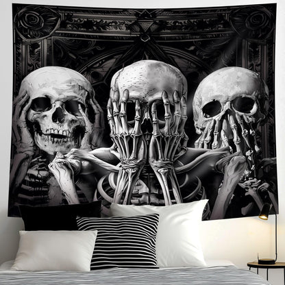 Mitpok Gothic Skull Tapestry Large Spooky Black Skeleton Goth Witchy Vinatge Funny Hilarious Cool Unique Wall Decor 71Hx91W Inch Halloween Wall Art Hanging Bedroom Living Room Dorm Wall Home Decor