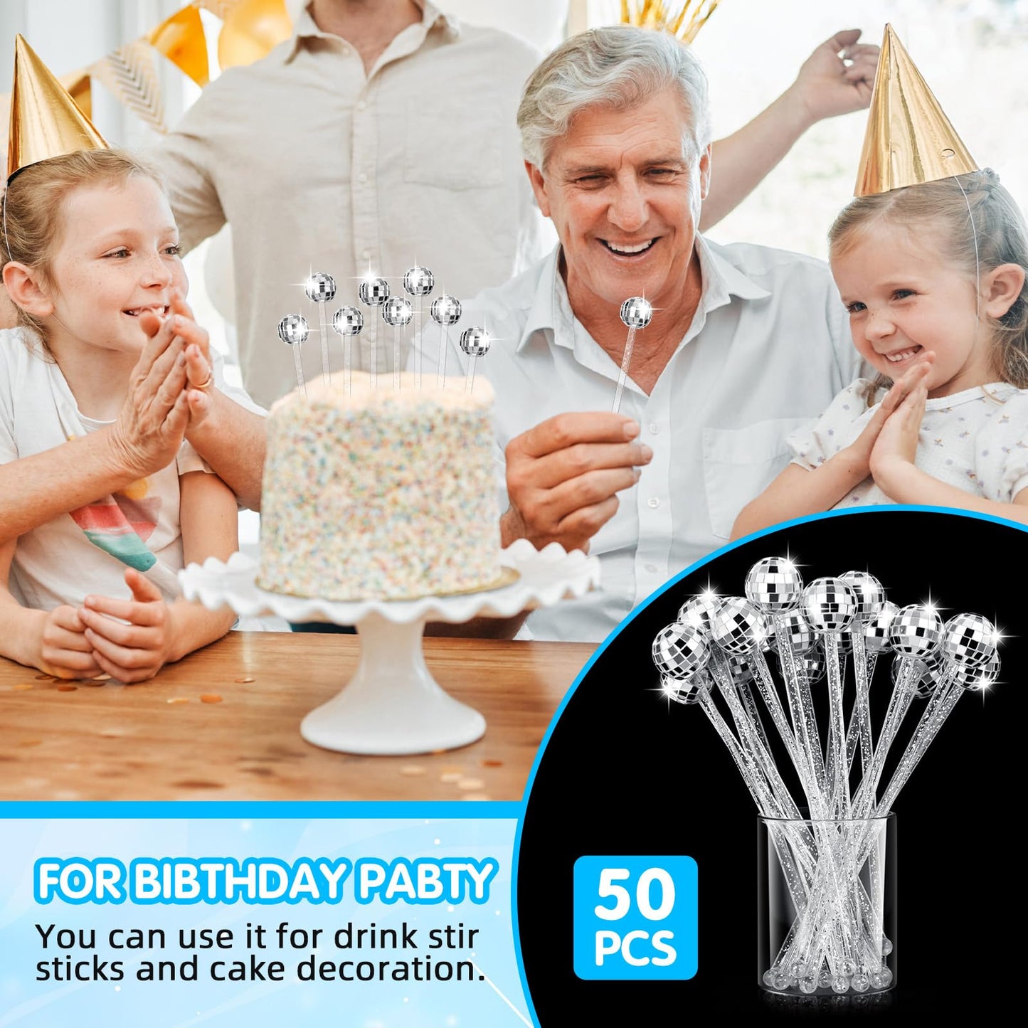 50 Pcs Disco Ball Cocktail Stirrers Plastic Round Top Swizzle Sticks Cake Pops Mirror Ball Coffee Beverage Stirrers for Home Bar Coffee Shop Use