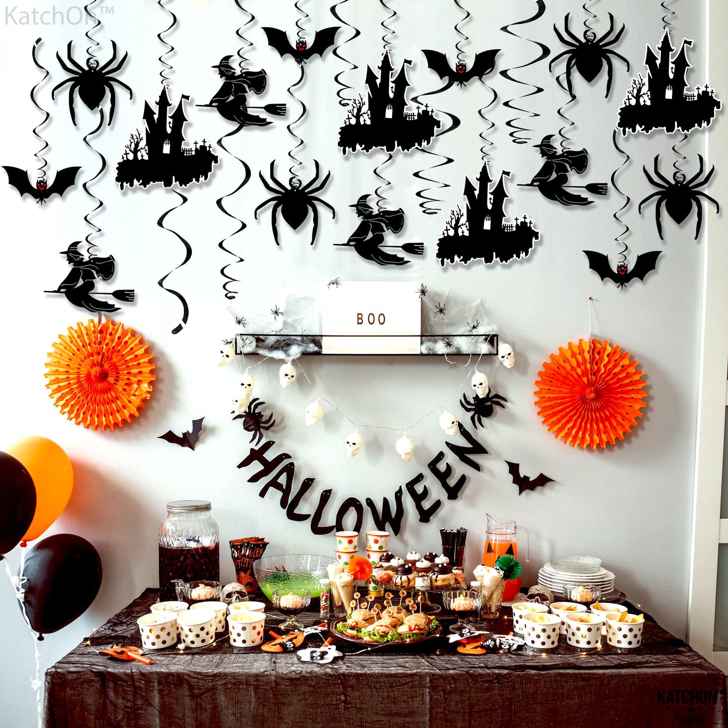 KatchOn, Scary Halloween Hanging Decorations - Large, Pack of 30 | Black Halloween Hanging Swirls for Halloween Ceiling Decorations | Halloween Swirl Decorations | Hanging Halloween Decorations Indoor