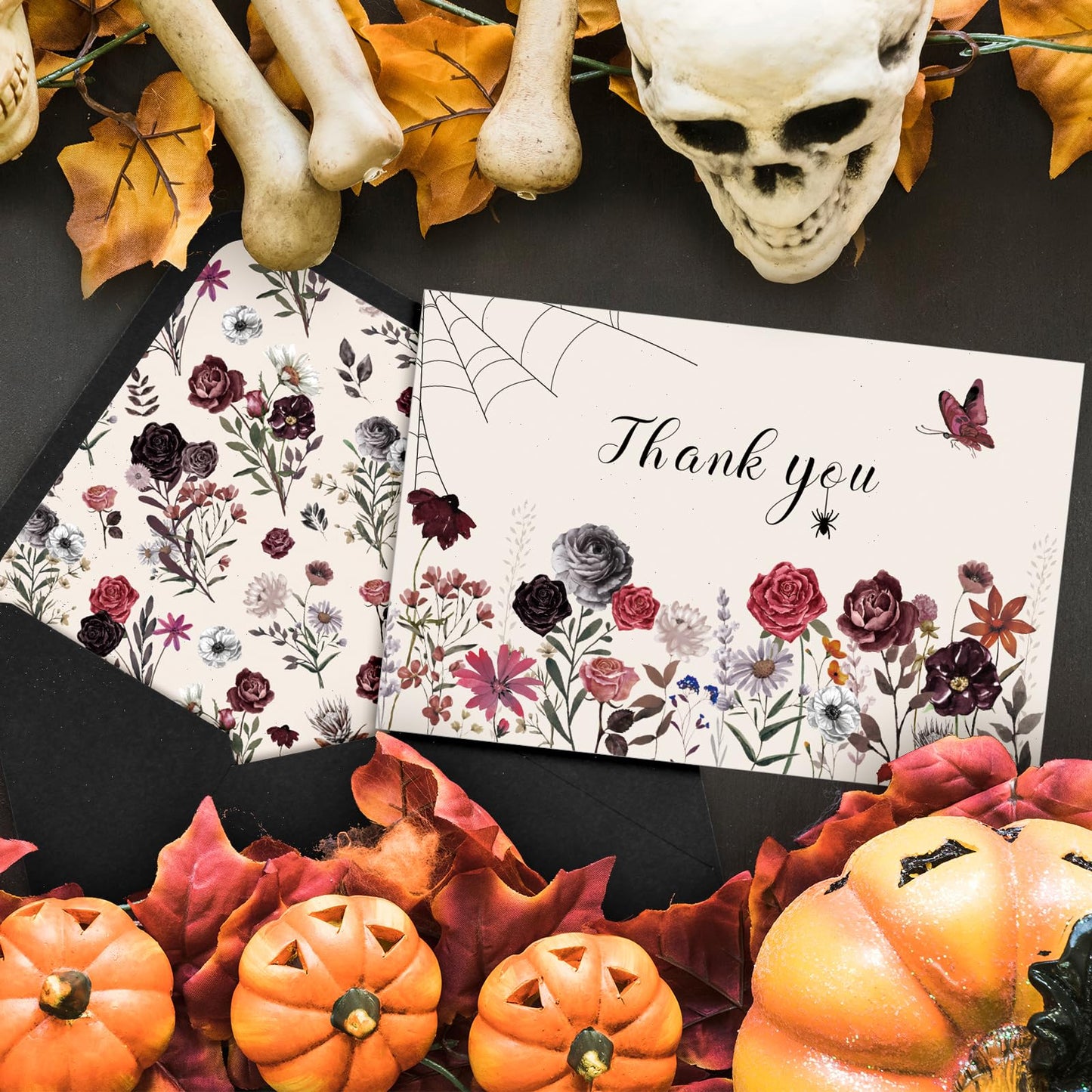 Whaline 36 Packs Halloween Floral Thank You Cards Watercolor Flower Greeting Cards with Envelopes and Stickers Blank Note Card for Wedding Birthday Party Supplies